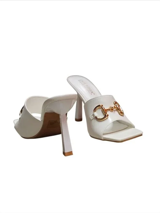 Square Toe White Heeled Mules With Gold Chain Detail - Elegant Slip-On Design Fo - Picture 3 of 14